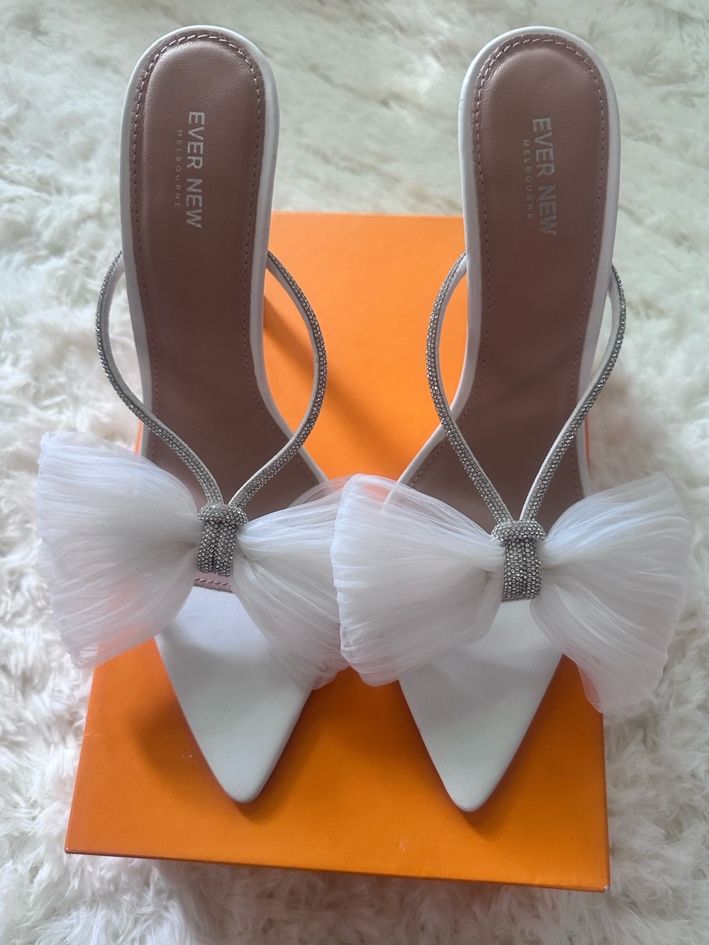 Ever New White Tulle Bow Heels with Sparkle Straps